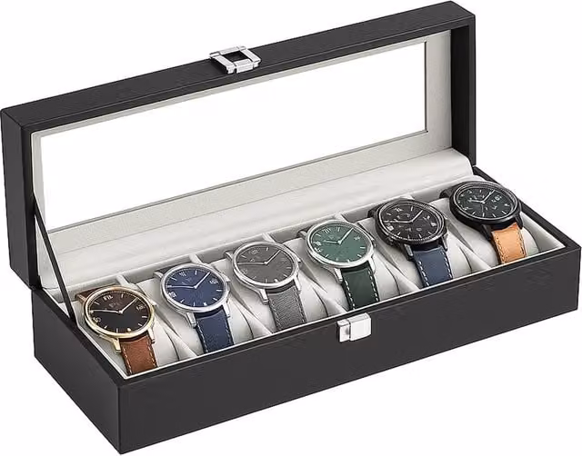 Innoteck Grey Leather Watch Display Box with Glass Lid for 6 Watches