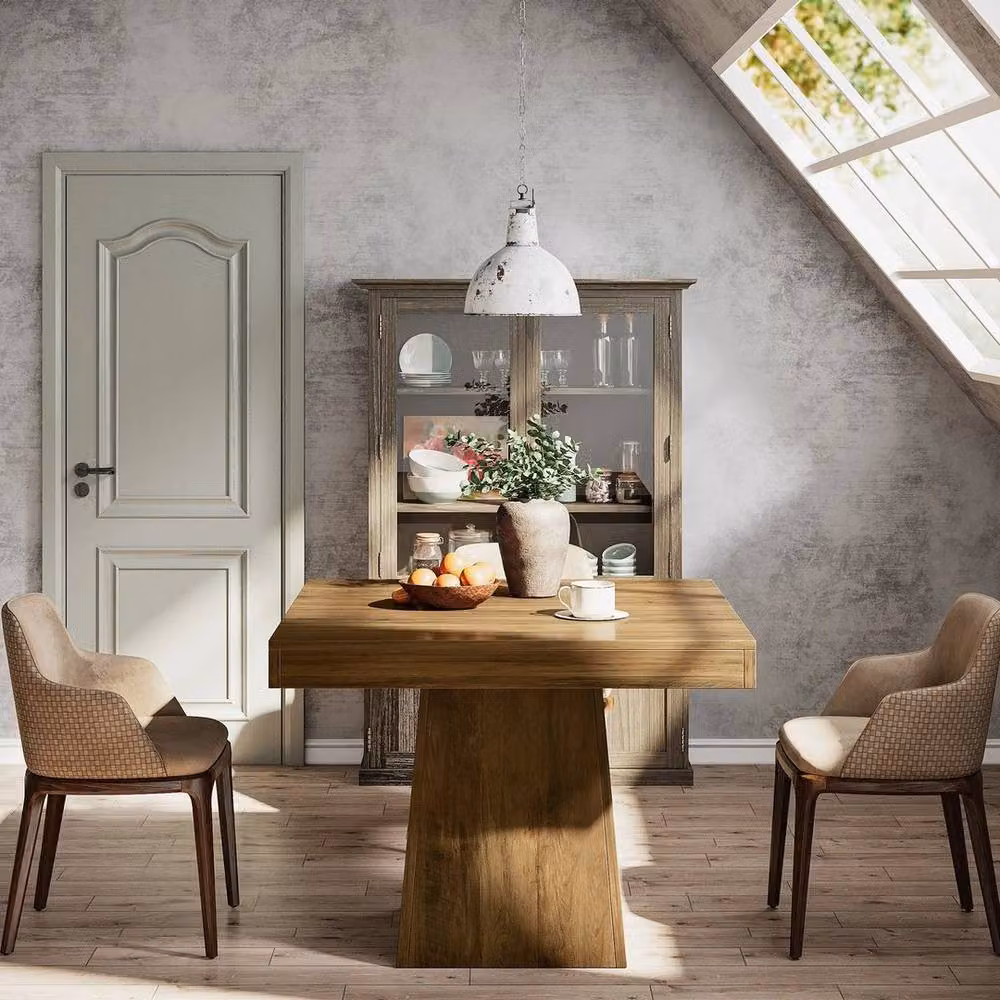 PAWNORA Rustic Brown Square Wood Dining Table with Central Pedestal, W/D/H: 80 x 80 x 75 cm – 5