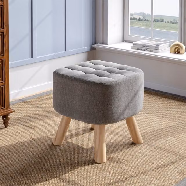 Livingandhome Grey Linen Square Tufted Footstool with Wooden Legs