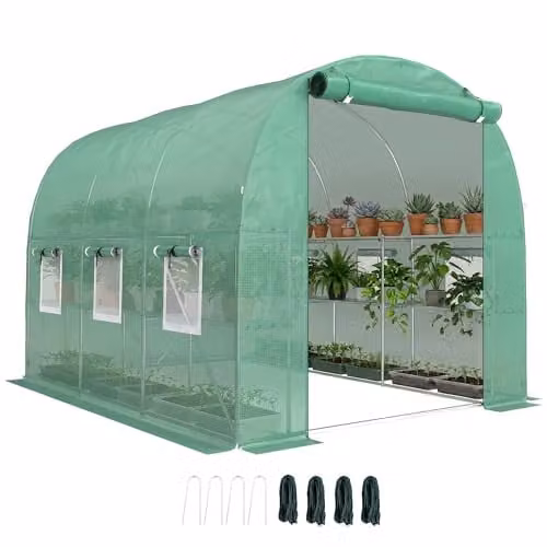 Outsunny Green Walk-in Greenhouse with Shelves and Mesh Windows, W: 198 cm, D: 275 cm, H: 191 cm