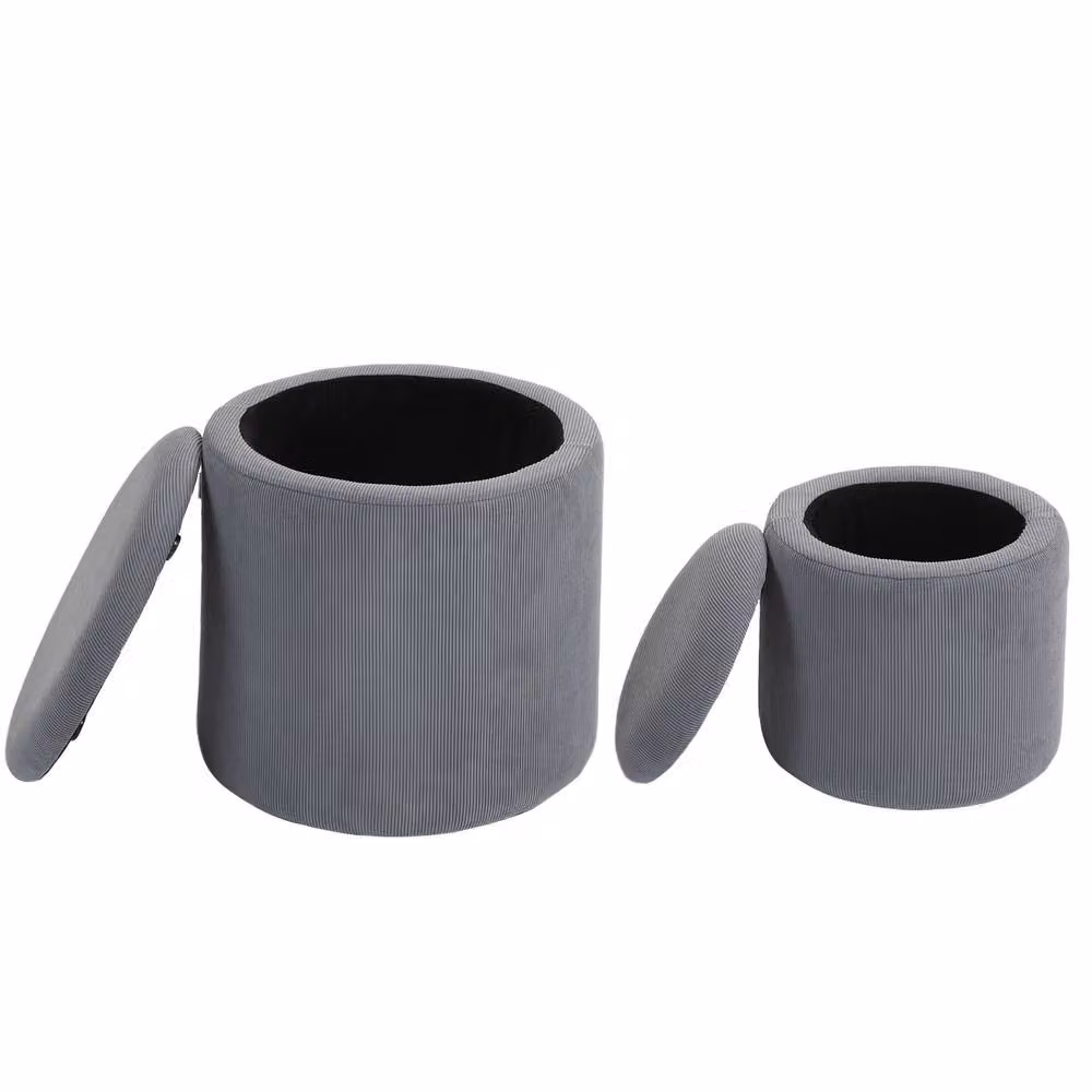 STILVORA Set of 2 Grey Corduroy Upholstered Cylindrical Storage Ottomans – 3