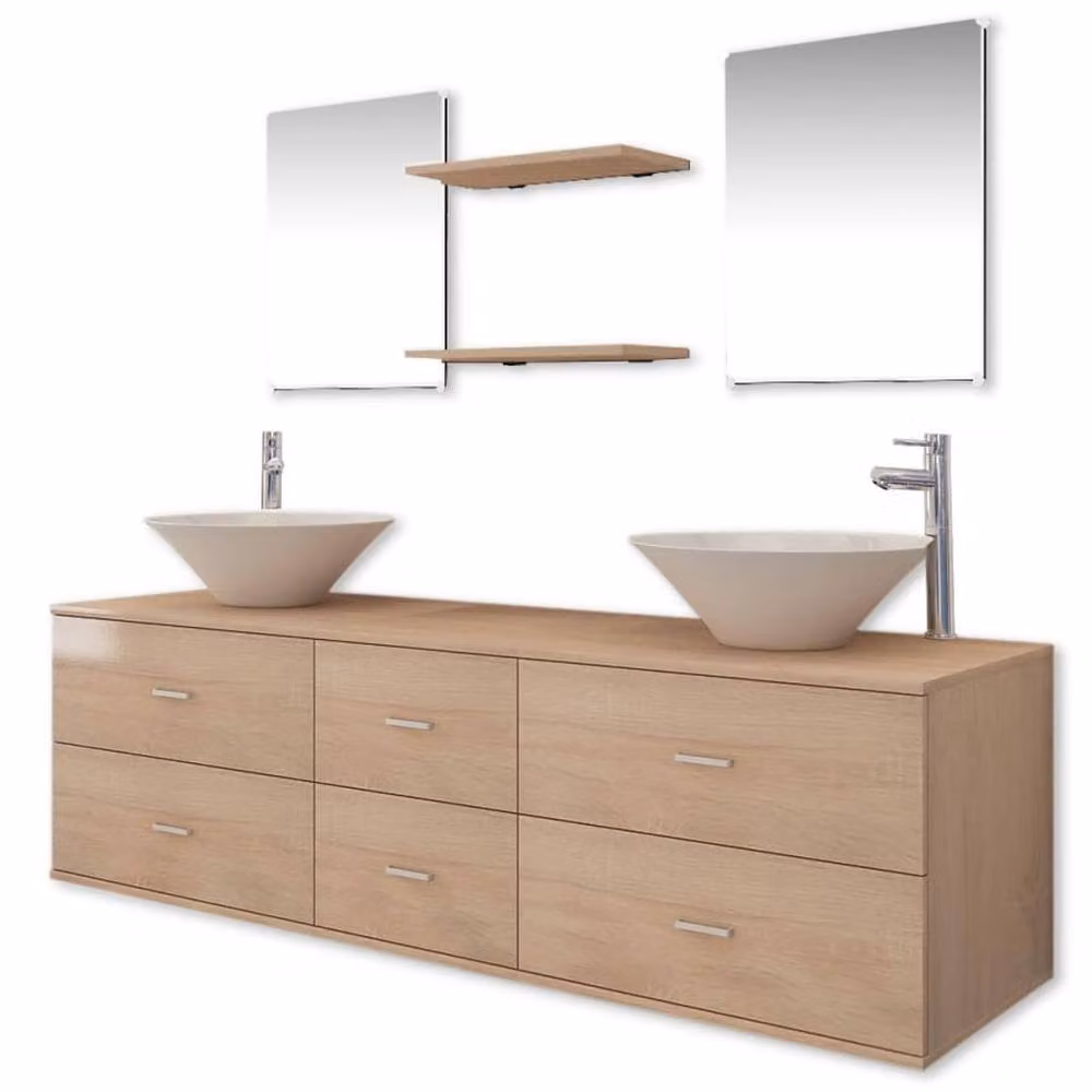 Berkfield Home Nine Piece Modern Bathroom Furniture Set in Beige with Vanity Unit and Wall Cabinet – 2