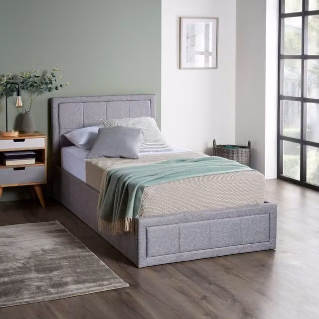 Home Treats Grey Upholstered Ottoman Bed with Deluxe Hybrid Mattress, W/D/H: 90 x 200 x 88 cm