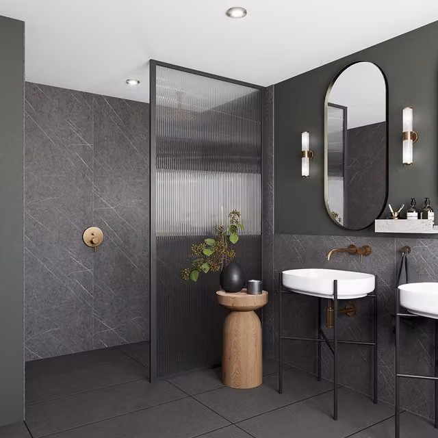 Wetwall Elite Double Post Formed Greystone Marble Shower Panel in Dark Grey and White Stone Look