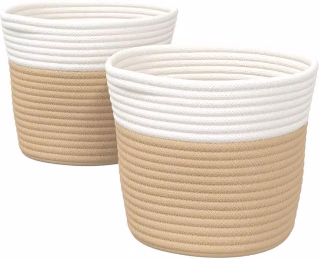 Berkfield Home Storage Baskets, 2 Pack, Beige and White Cotton Open Weave Fabric with Handles, W: 24 cm, H: 18 cm