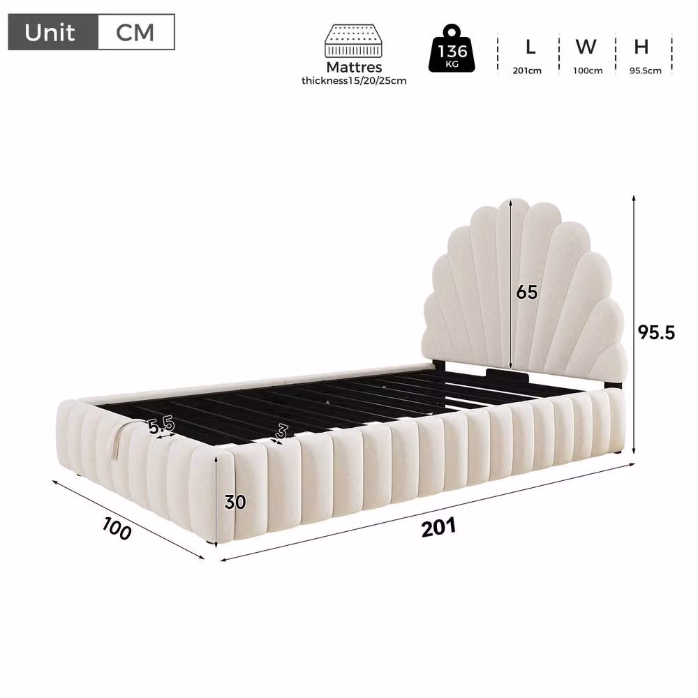 Matteo Single Ottoman Storage Bed with Velvet Princess Shell Headboard in Beige, W/D/H: 90 x 190 cm – 2