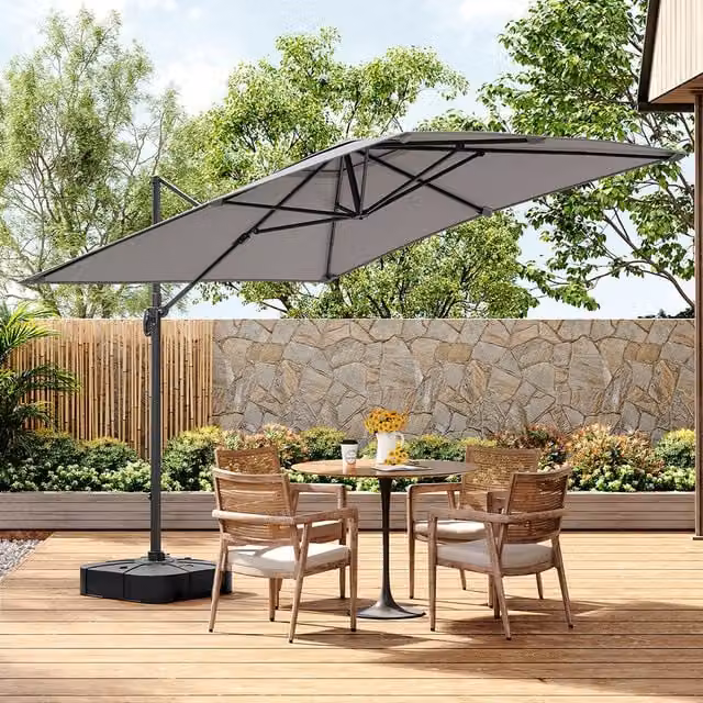 Livingandhome Cantilever Parasol Umbrella 2.5m Garden Sunshade with Square Base, Grey, UPF 50+