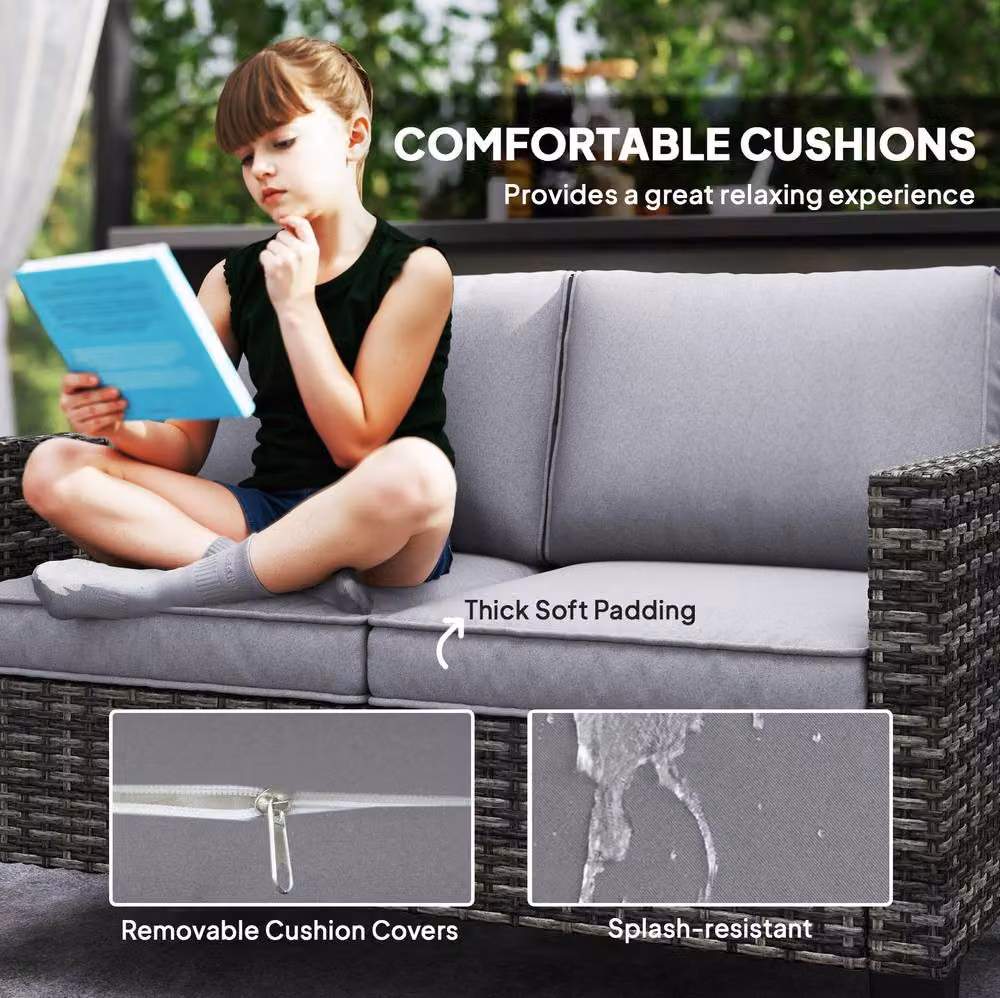 STILVORA Two-Seater Sofa with Cushions in Grey with Rattan and Steel Frame – 6