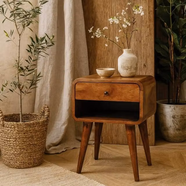 Wyld Haus Honfleur Curve Bedside Table in Brown Mango Wood with Drawer and Shelf, W/D/H: 45 x 35 x 56 cm – 1