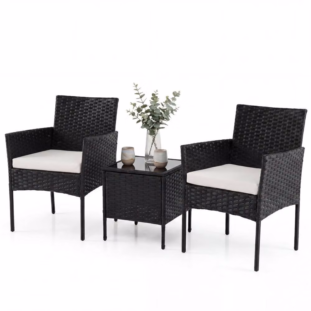 Costway 3-Piece Rattan Garden Conversation Set with Beige Cushions and Black Metal Frame – 2