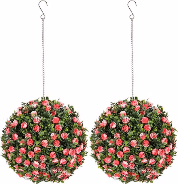 HOMCOM Set of 2 Pink Artificial Rose Ball Topiary Plants, UV-Protected, Diameter: 28 cm – 1
