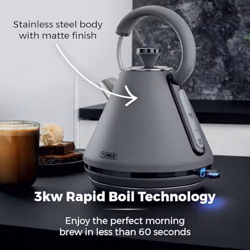 Tower Sera Pyramid Kettle, 1.7 l, Grey and Black, Stainless Steel – 5