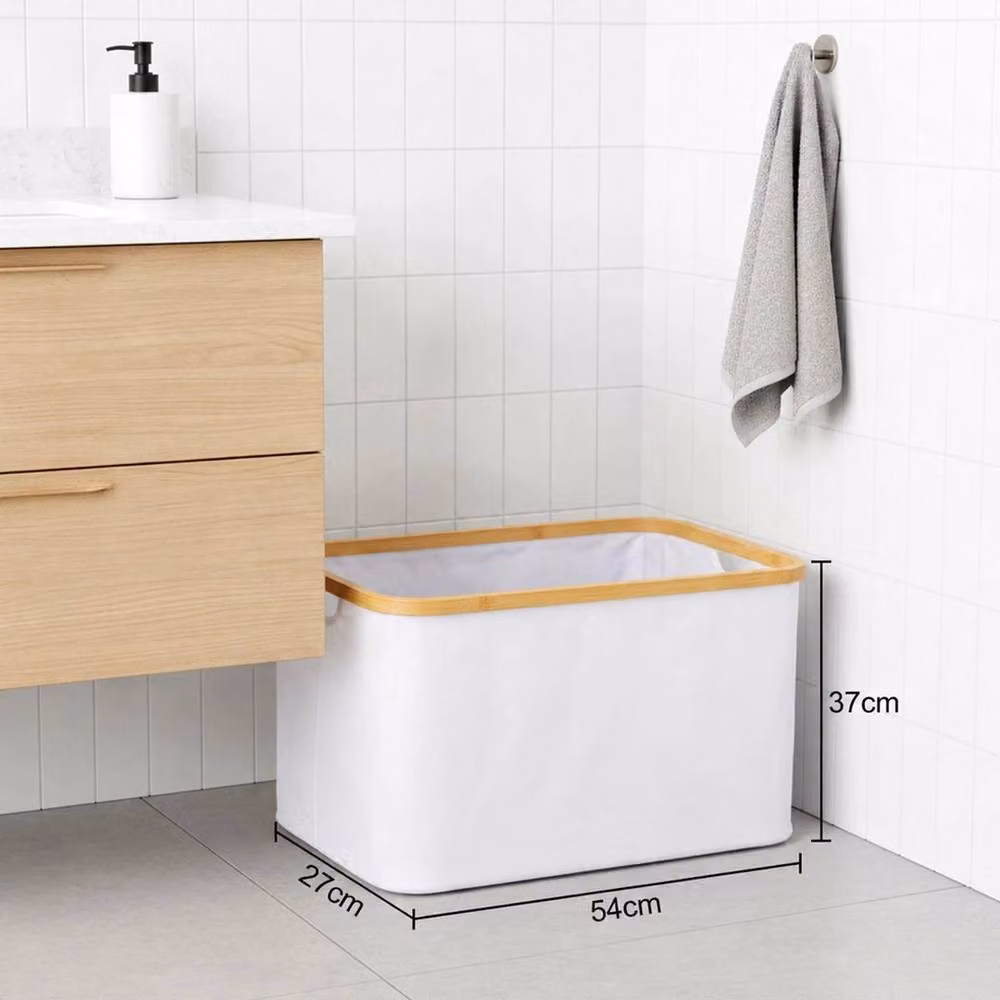 Kelvenix White Foldable Laundry Basket with Bamboo Accents, 60L – 2