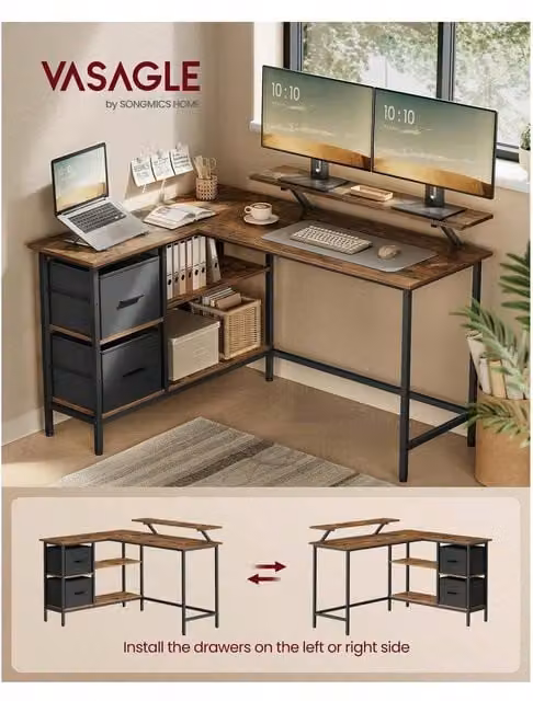 VASAGLE L-Shaped Gaming Desk with Monitor Stand, Bronze