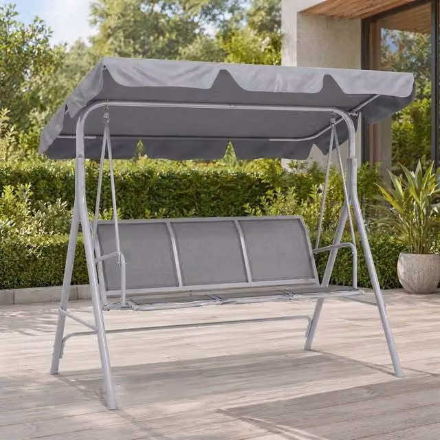 STILVORA 3-Seater Modern Garden Swing Chair with Adjustable Sun Canopy in Grey