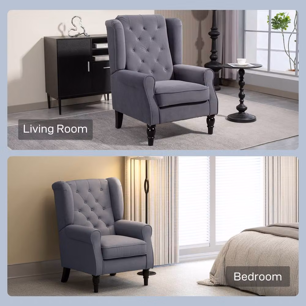 STILVORA Grey Velvet Wingback Chair with Solid Wood Frame – 9