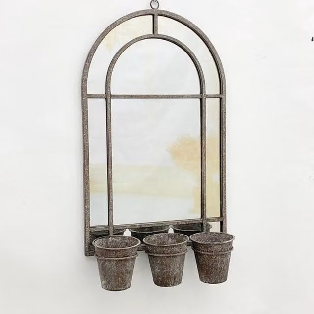 Minster Wall Mirror with Triple Planter in Grey Distressed Metal, W: 45 cm, D: 15 cm, H: 78 cm – 1