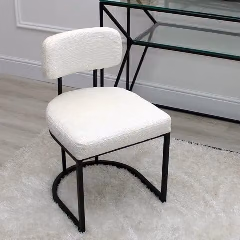 Modish Furnishing Rhea Set of 2 White Chenille Fabric Dining Chairs with Armrests and Black Metal Frame – 2