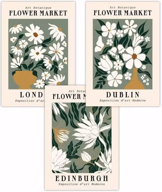 ARTZE Set of 3 Dark Green Flower Market London Edinburgh Dublin Botanical Art Posters, W: 59 cm, H: 84 cm