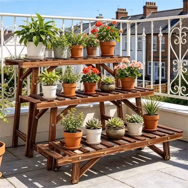 Nordara 3-Tier Rustic Wooden Step Plant Stand in Brown