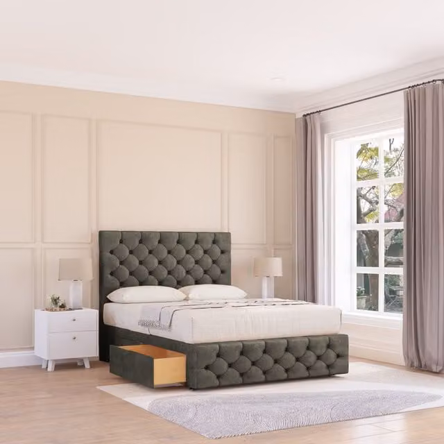 Sloomy Watson Chesterfield Divan Bed Base with 2 Drawers and Headboard, Light Grey, W/D/H: 200 x 200 cm