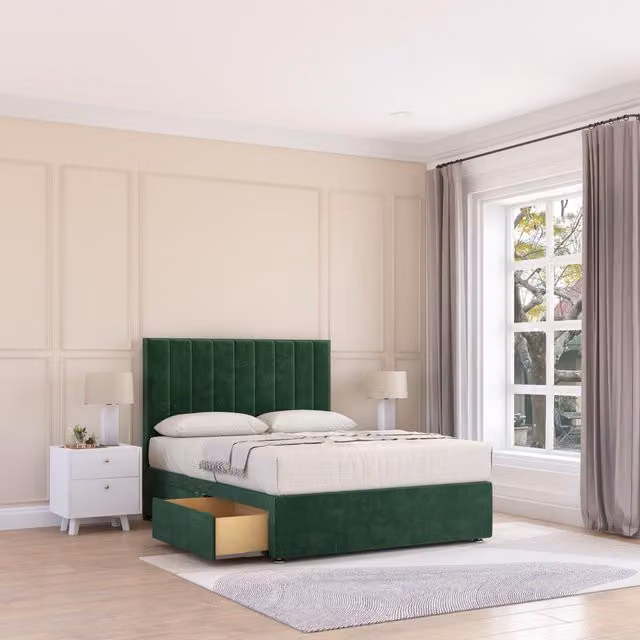 Sloomy Kansas Plush Velvet Memory Foam Bed Set with 4 Drawers, Mattress and Headboard in Emerald Green, Size: Double (140 x 200 cm)