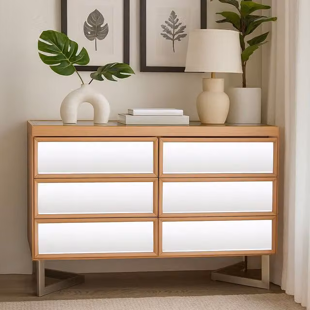 Orsina 6 Drawer Chest with Pine Frame and Mirrored Finish in Silver, W/D/H: 120 x 50 x 80 cm
