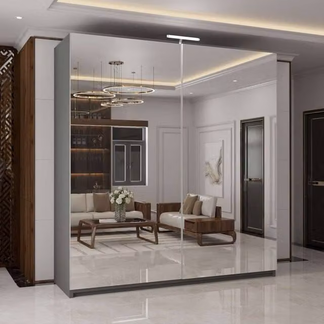 MN Furniture Modern Grey Sliding Door Wardrobe with Integrated LED Lighting and Full Mirrors, W: 150 cm