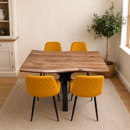 Kosy Koala 4 Seater Rustic Brown Wooden Effect Dining Table Set with Yellow Faux Leather Chairs, W/D/H: 140 x 80 x 75 cm