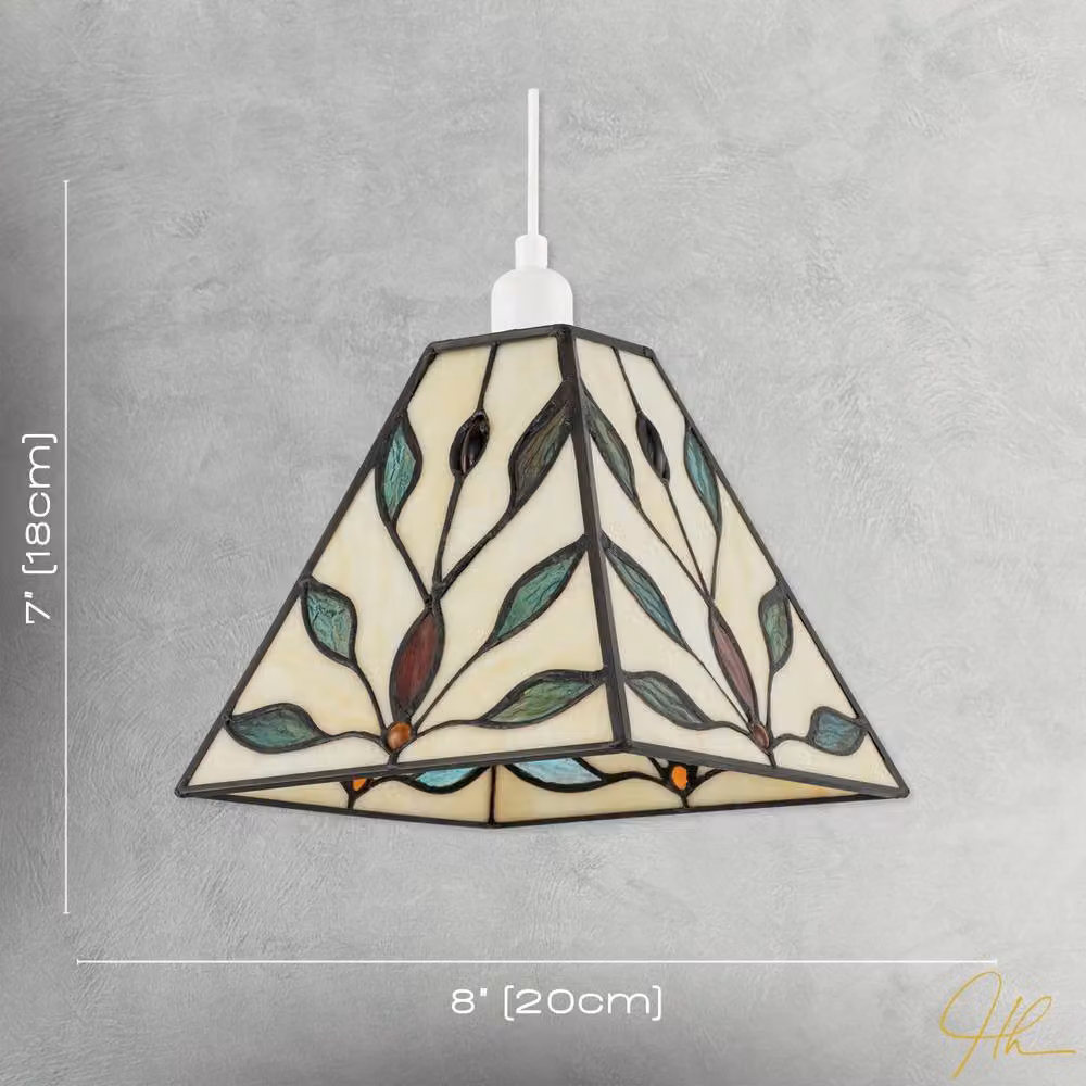 Happy Homewares Square Tiffany Glass Pendant Light Shade in Multicolour with Emerald Green Leaves – 4