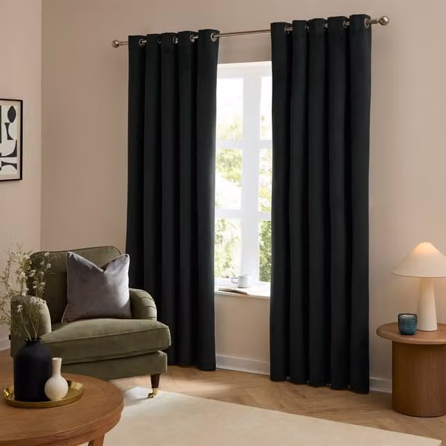Make It A Home Set of 2 Black Velvet Blackout Eyelet Curtains, Black, W/H: 183 x 168 cm