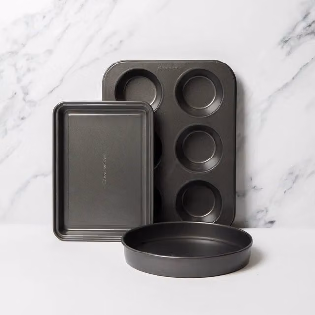 MasterClass 3-Piece Non-Stick Baking Pan Set in Grey, Including Muffin Tray, 23cm Loose Base Sandwich Pan and Brownie Pan