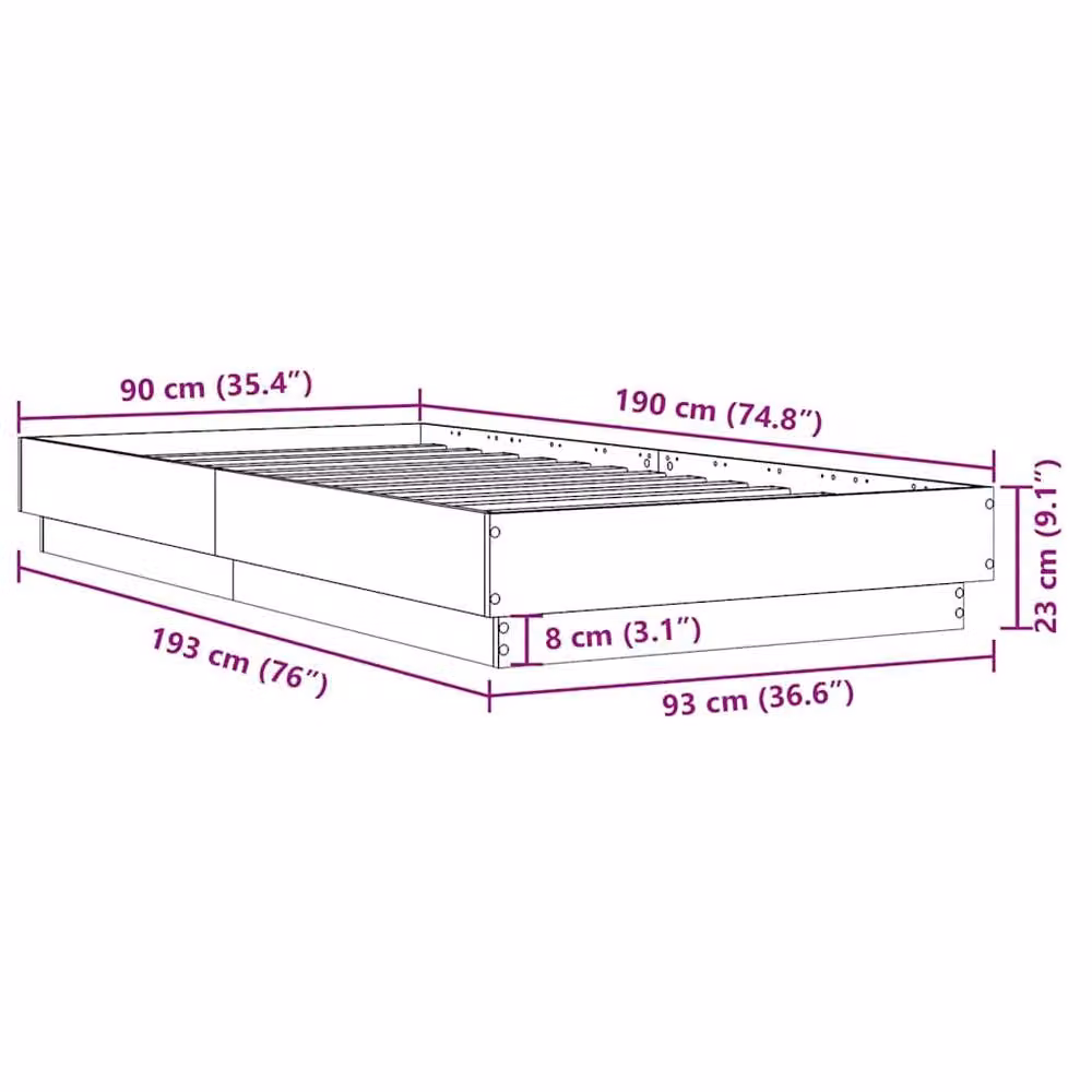 Berkfield Home Durable Single Bed Frame in Sonoma Oak, Light Brown, W/D/H: 90 x 190 cm – 3