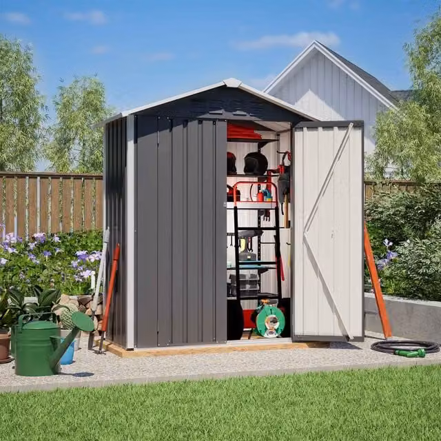 BIRCHTREE Grey Enamelled Steel Metal Garden Shed with Double Doors and Gable Roof