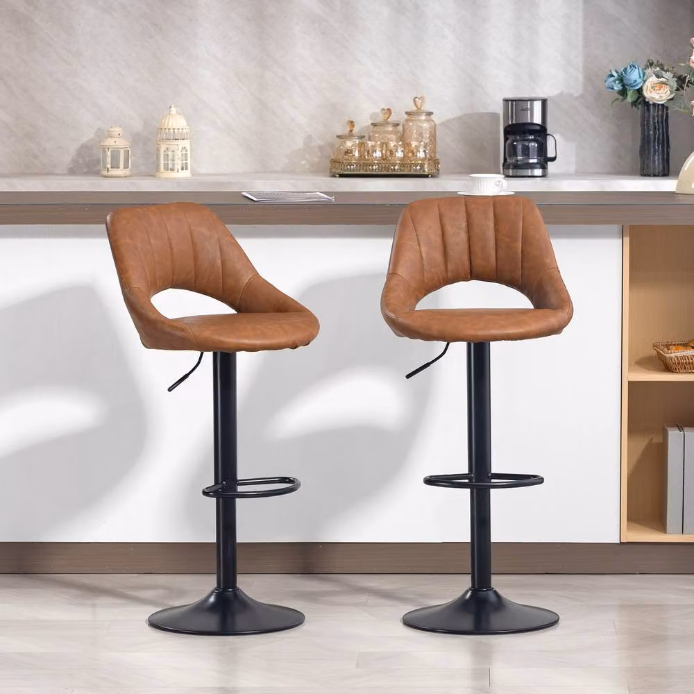 ERGOVEXA Luxe Set of 2 Swivel PU Leather Bar Stools in Brown – 3