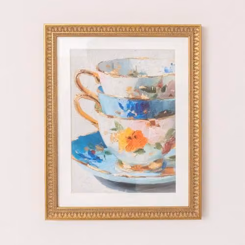 Melody Maison Multicoloured Teacup and Floral Wall Art with Vintage Gold Frame, W: 40 cm, H: 50 cm