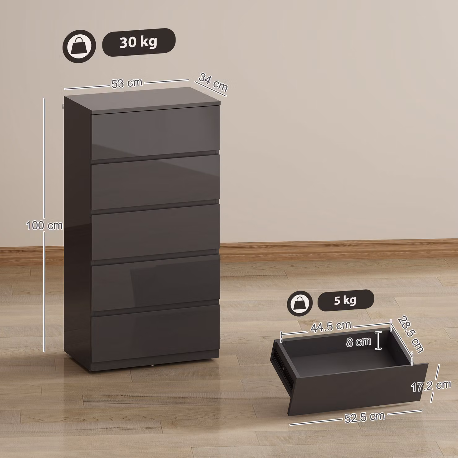 HOMCOM Modern Grey Glossy 5-Drawer Chest of Drawers with Soft-Close Drawers – 3