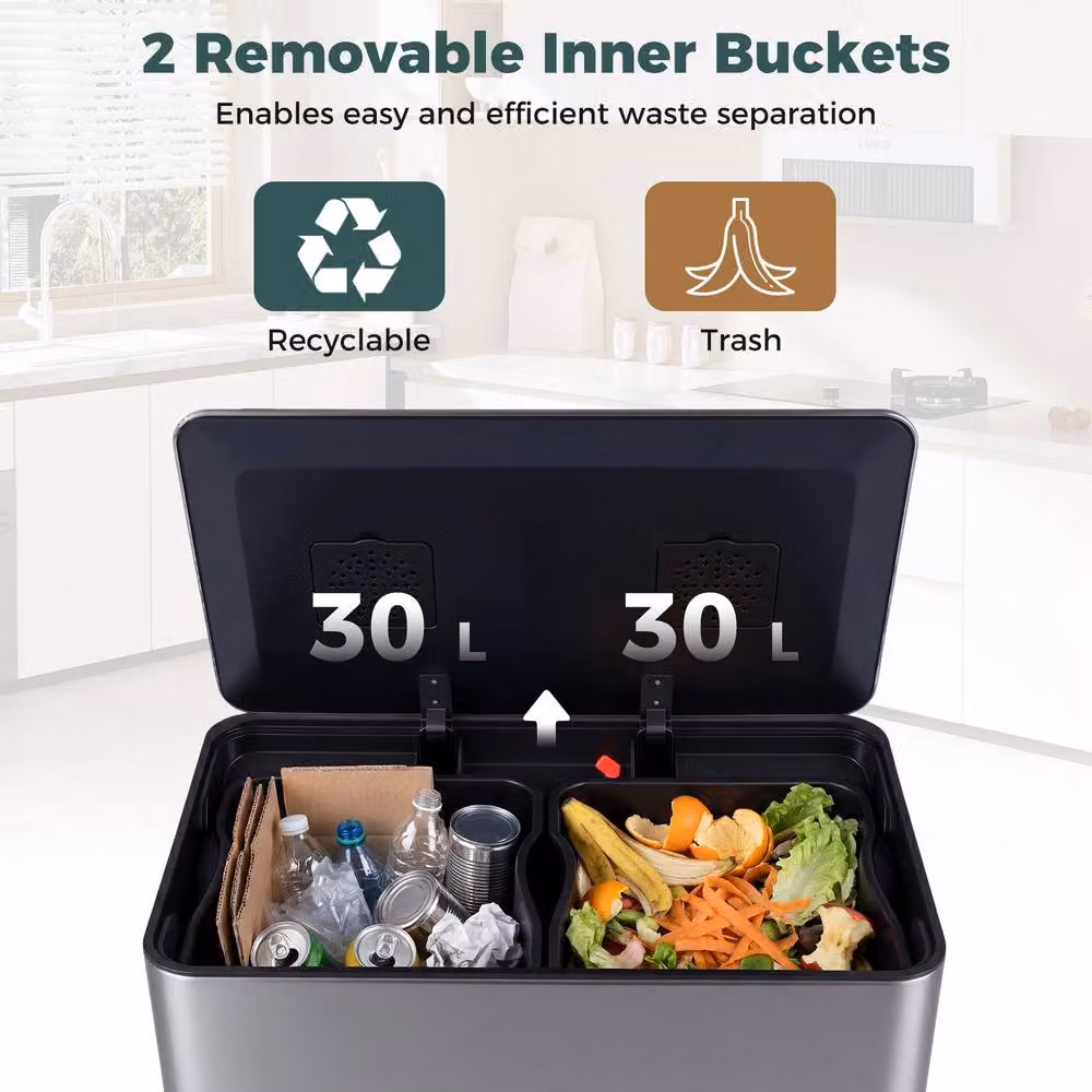 Costway 60L Stainless Steel Pedal Trash Can with 2 Removable Inner Buckets in Silver – 7