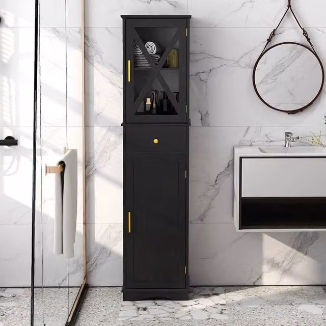 VOGREX Black Modern Freestanding Bathroom Storage Cabinet with Glass Doors and Internal Shelves and Drawers, H: 168 cm, W: 30 cm, D: 30 cm