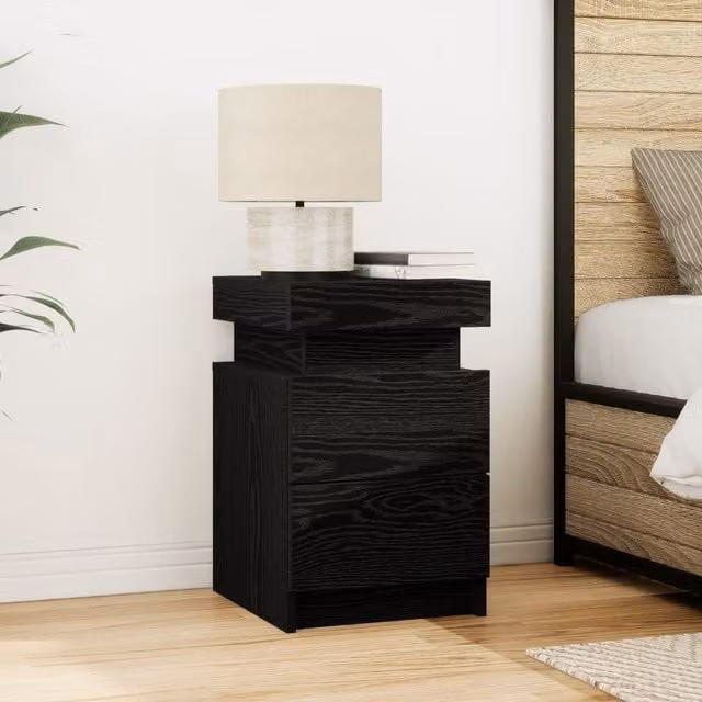 Berkfield Home Modern Bedside Cabinet in Black Oak with Integrated LED Lights, W: 35 cm, D: 39 cm, H: 55 cm