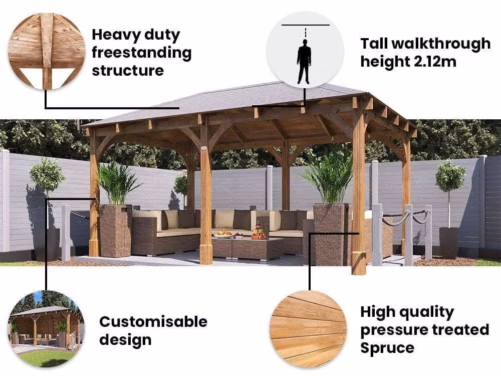 Dunster House Leviathan Wooden Garden Gazebo in Brown with Black Bitumen Shingles W/D/H: 510 x 321 x 304 cm – 6