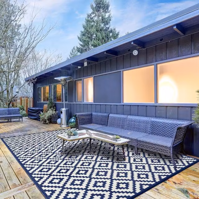 Nirvana Reversible Geometric Outdoor Rug in Blue and White, W: 240 cm, D: 300 cm