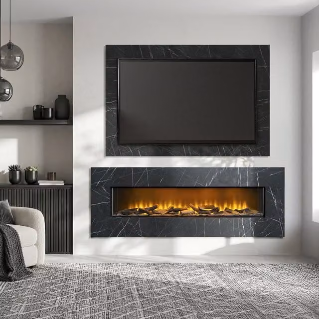 Acantha Pinnacle Fully Inset Media Wall Fire with TV Back Board in Black Marble, Black