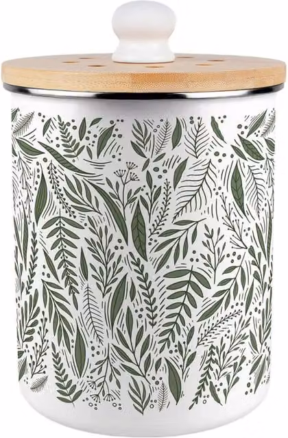 Purely Home Pretty Green Leaves Metal Food Waste Caddy with Flip Lid, 2L, Green and White
