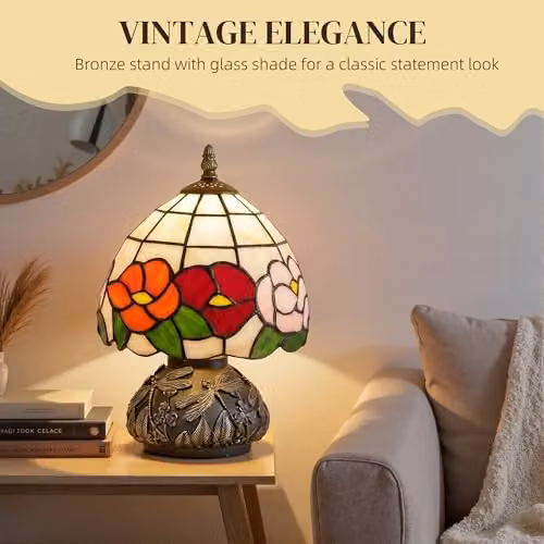 HOMCOM Tiffany-Style Table Lamp with Multi-Coloured Glass and Bronze Sculpted Base – 3