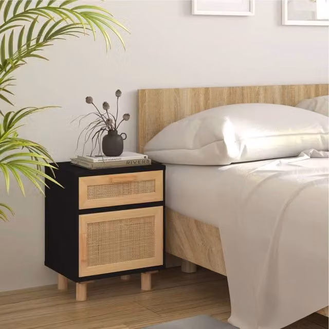 Berkfield Home Set of 2 Black Solid Pine Bedside Cabinets with Rattan Detail