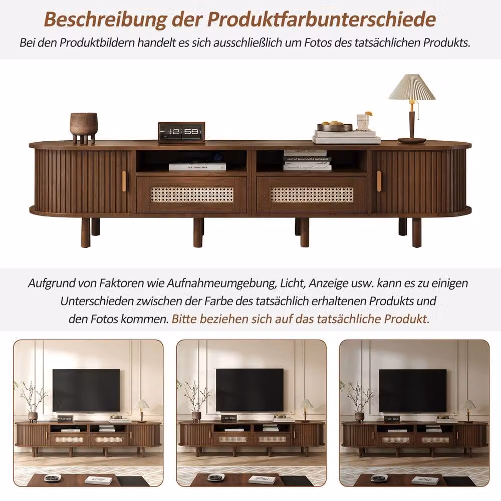 Rolipo Dark Oak Oval Rattan TV Stand in Dark Brown with Sliding Doors and Media Compartments, Width: 170 cm – 3