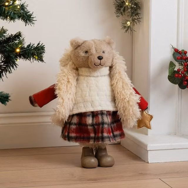 Scottish Everlastings Ltd Brown Plush Teddy Bear Ornament with Checked Skirt, Height: 38 cm – 1