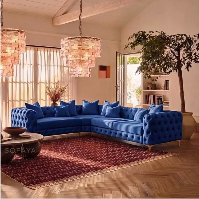 Sofaya Monaco 4 Seater Chesterfield Velvet Left Hand Corner Sofa in Blue – 1