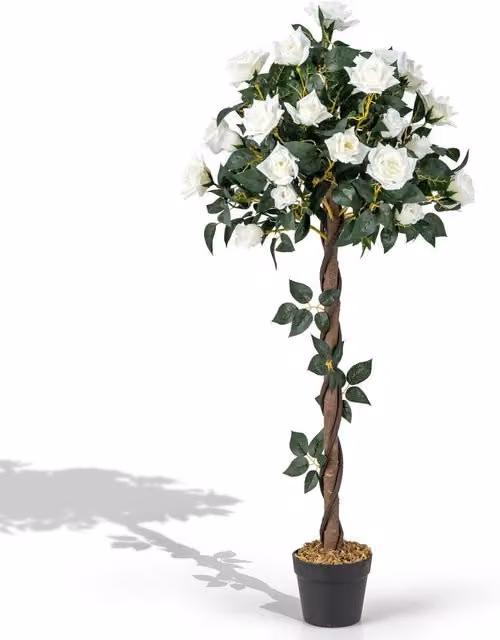 Costway White and Green Artificial Rose Flower Tree with Freestanding Rattan and Wood Base, Height: 120 cm